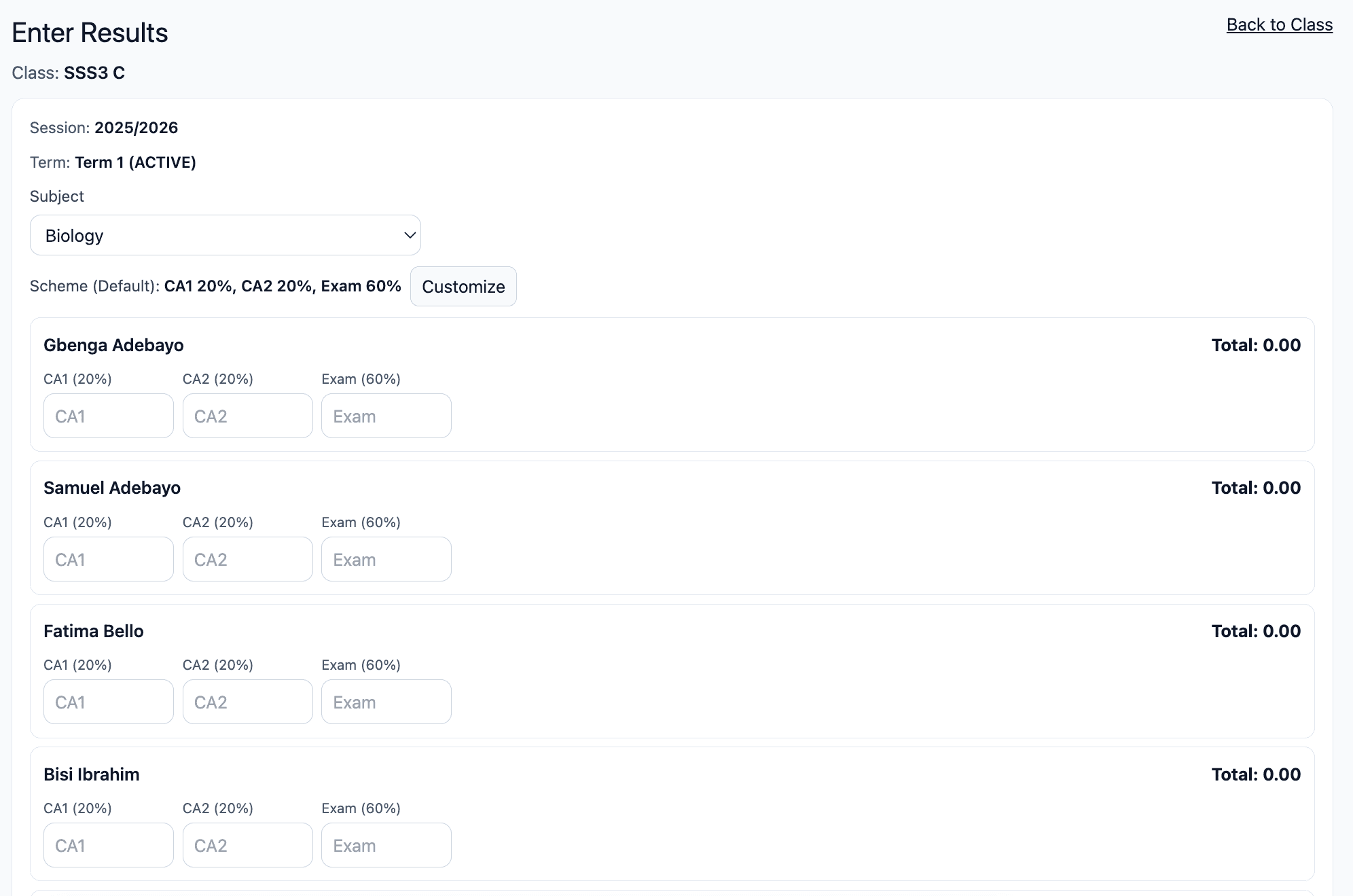 ClassPoint results entry screen showing subject selection and term-based score entry for students.